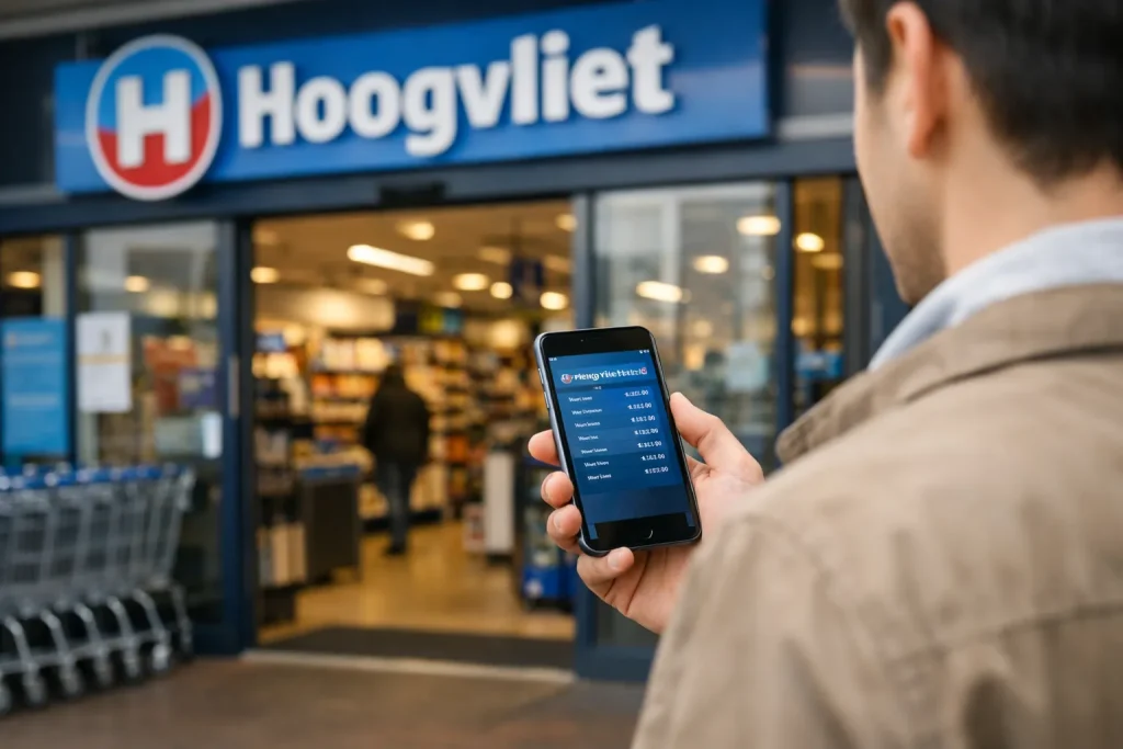 Klant controleert openingstijden van Hoogvliet supermarkt op smartphone voor de ingang