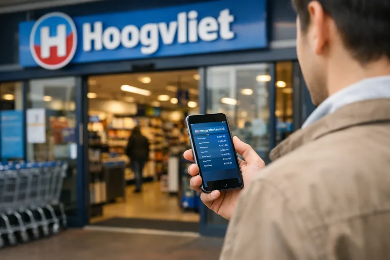 Klant controleert openingstijden van Hoogvliet supermarkt op smartphone voor de ingang