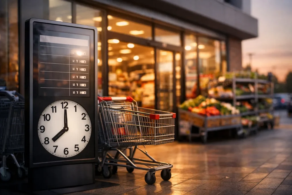 Ingang van een supermarkt met winkelwagen buiten bij zonsondergang