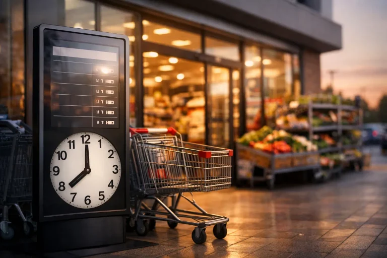 Ingang van een supermarkt met winkelwagen buiten bij zonsondergang
