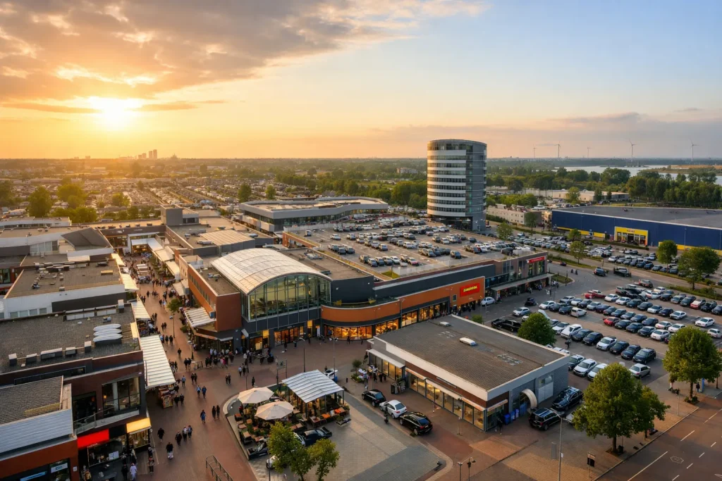 Winkelcentrum Hoogvliet met winkels en bezoekers overdag