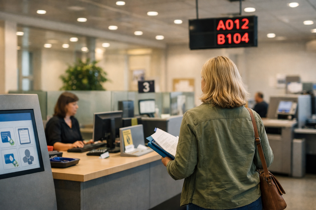 Bezoeker bij gemeenteloket in Hoogvliet met documenten en medewerker achter balie