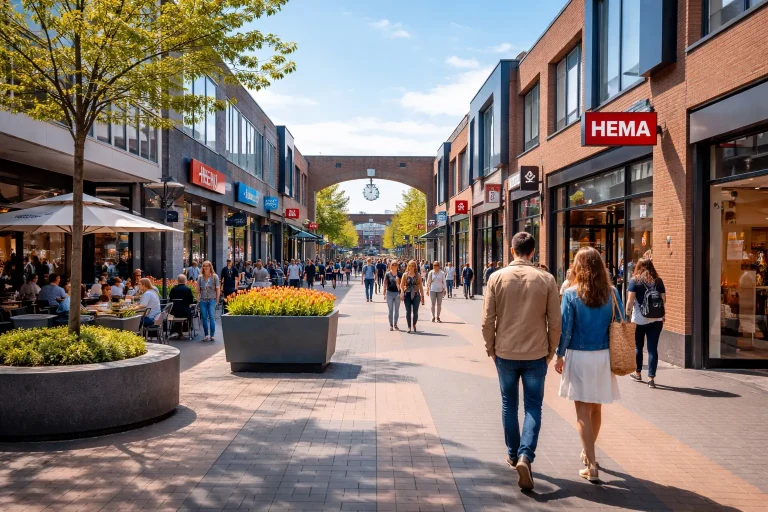Winkelcentrum Hoogvliet met winkels en voetgangers in het centrum