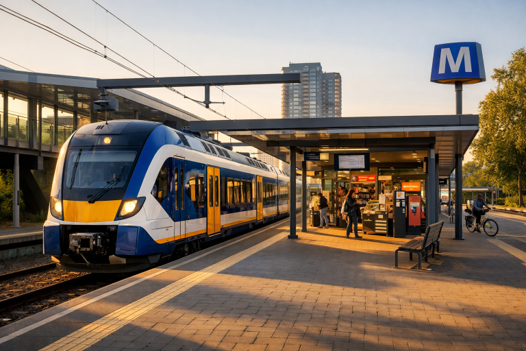 Moderne trein op station Hoogvliet met reizigers op het perron in de namiddag