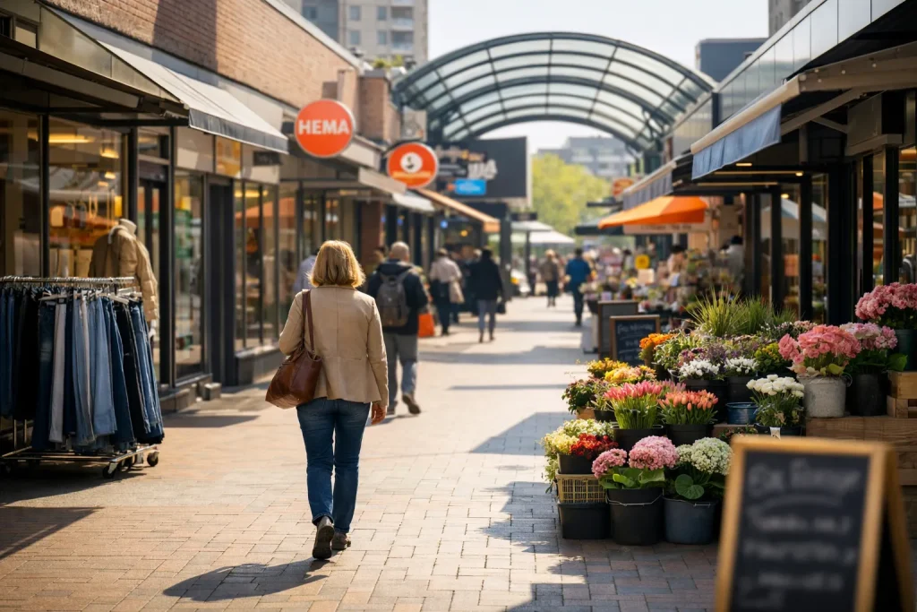 Modern winkelcentrum in Hoogvliet met diverse winkels en winkelende mensen