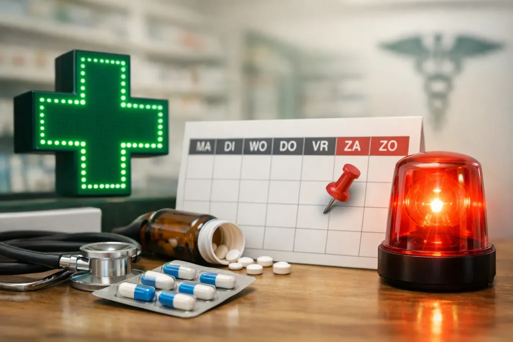Medicijnen en apotheek noodsituatie met kalender en waarschuwingslamp