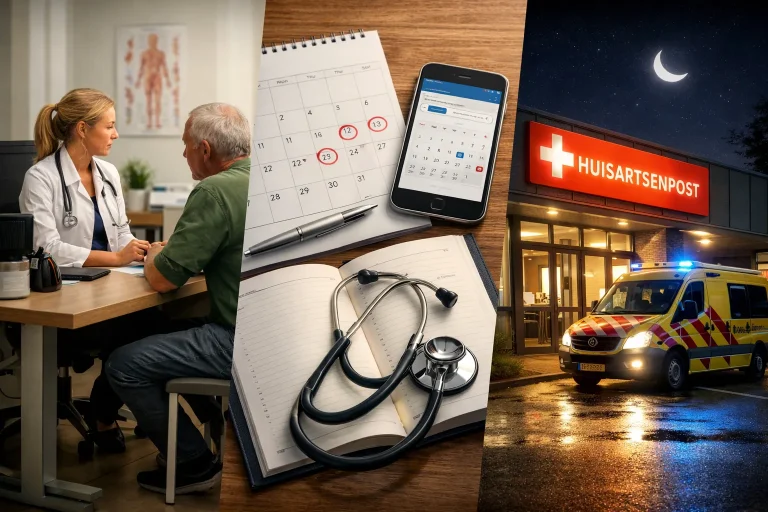 Huisarts consult met patiënt en huisartsenpost in de avond in Nederland.