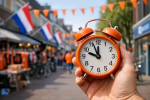 Oranje klok in een winkelstraat met Koningsdag versiering in Nederland