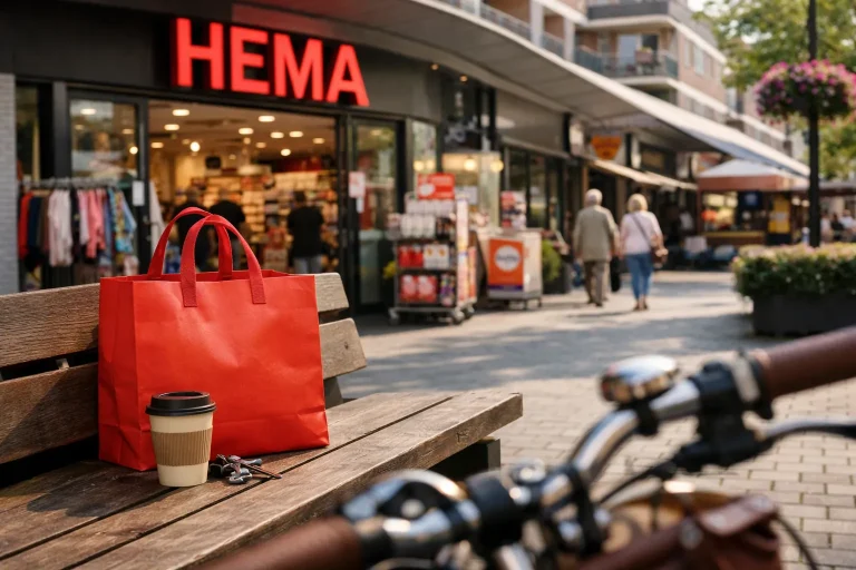 HEMA winkel in een levendige winkelstraat in Hoogvliet met shoppers en fietsen