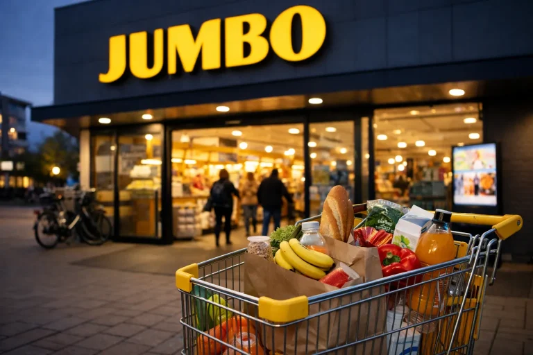 Winkelwagen met boodschappen voor een Jumbo supermarkt in Hoogvliet in de avond.