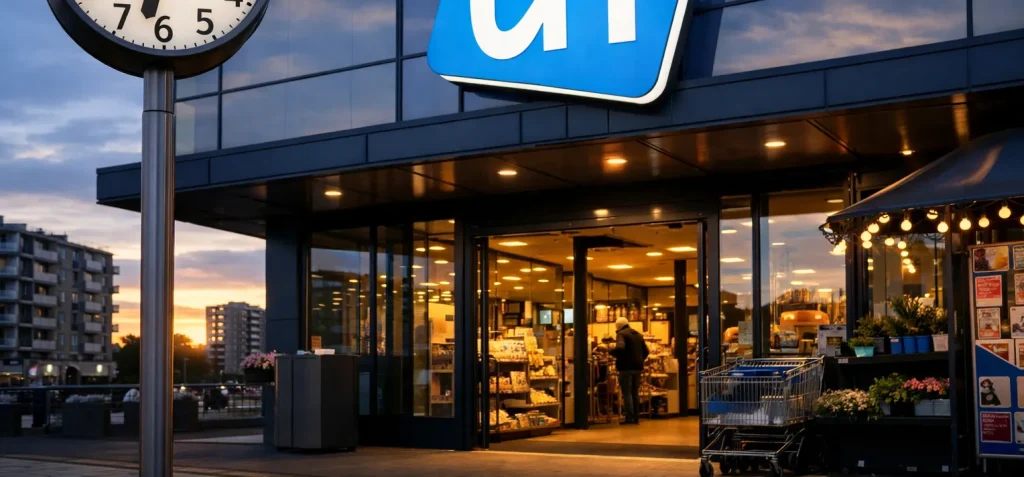 Ingang van een Albert Heijn supermarkt in Hoogvliet bij avondlicht