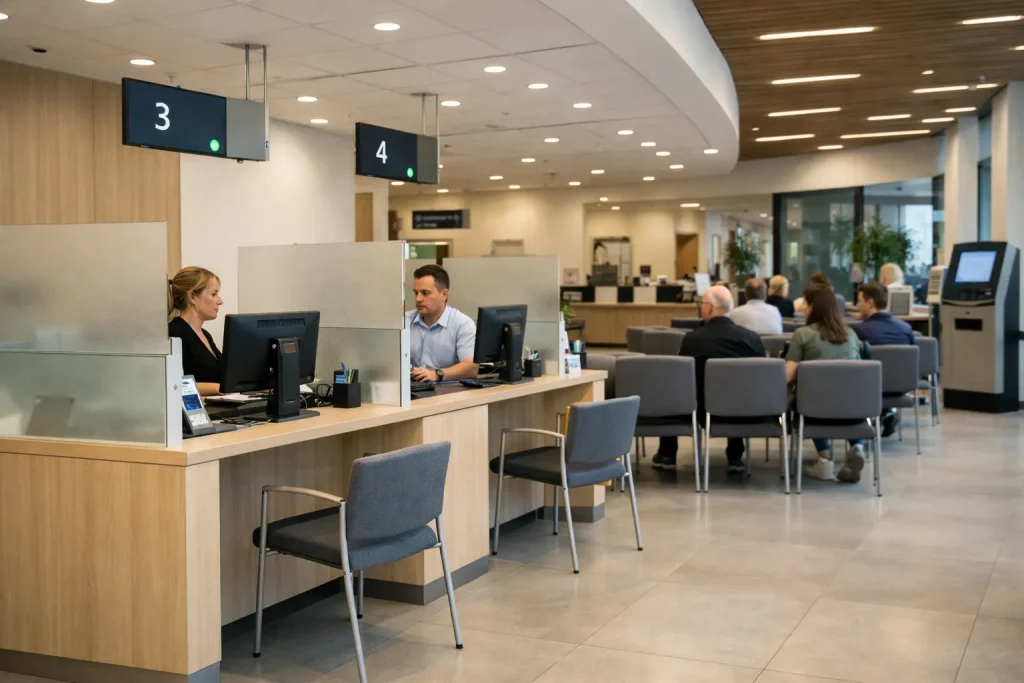 Loketten en wachtruimte in het stadhuis van Hoogvliet voor gemeentelijke afspraken