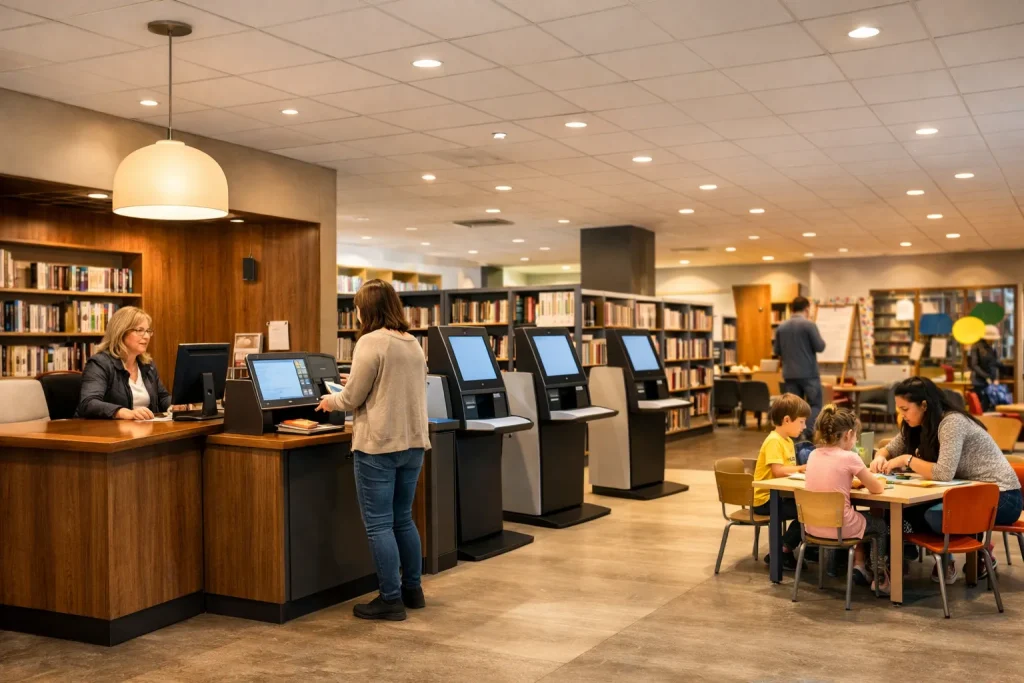 Interieur van een moderne bibliotheek in Hoogvliet met balie en zelfservicebalies