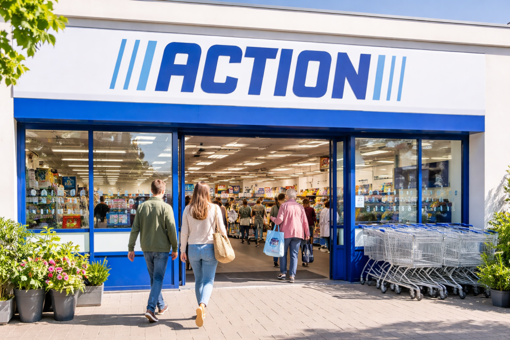 Ingang van Action winkel in Hoogvliet met winkelkarretjes buiten