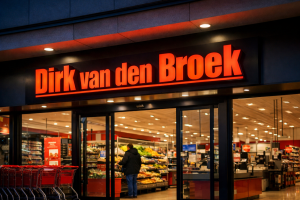 Ingang van Dirk van den Broek supermarkt in Hoogvliet met winkelwagens en shoppers.