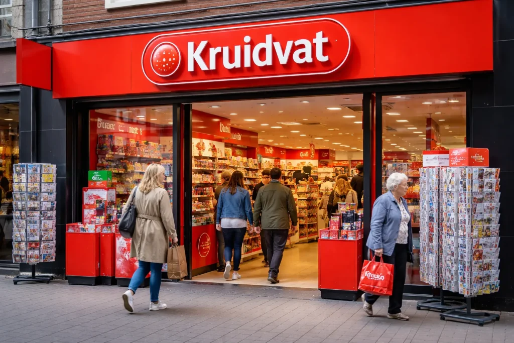 Kruidvat drogist winkel in Hoogvliet met klanten bij de ingang.