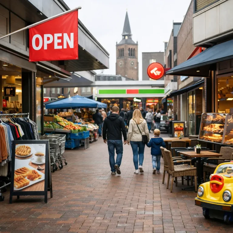 Winkelstraat in Hoogvliet met geopende winkels op zondag
