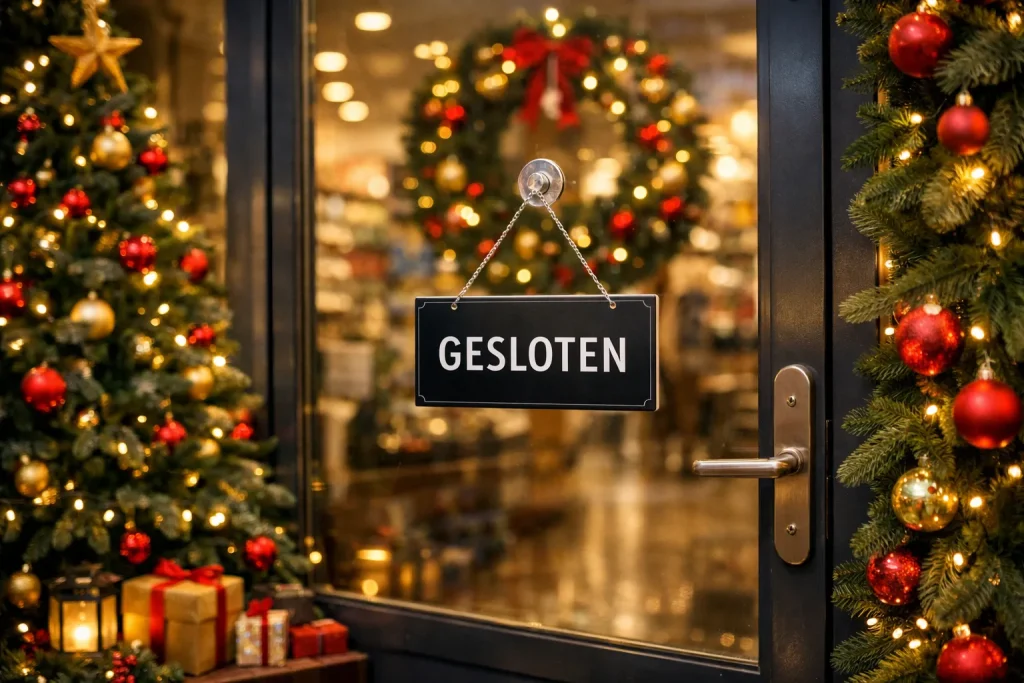 Drukke ingang van Hoogvliet supermarkt tijdens de feestdagen.