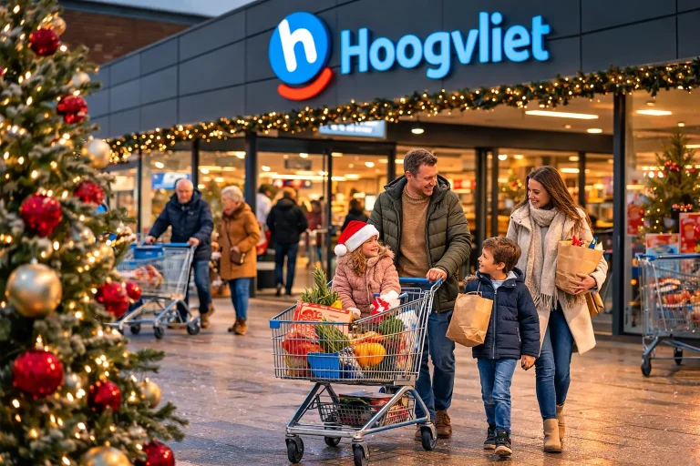 Klanten doen boodschappen bij Hoogvliet tijdens de kerstperiode.