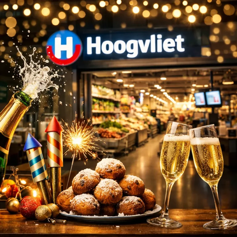 Feestelijke oud en nieuw producten voor een Hoogvliet supermarkt met champagne en oliebollen.